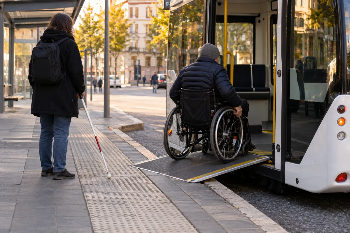 Persona en silla de ruedas subiendo por la rampa de un minibús eléctrico