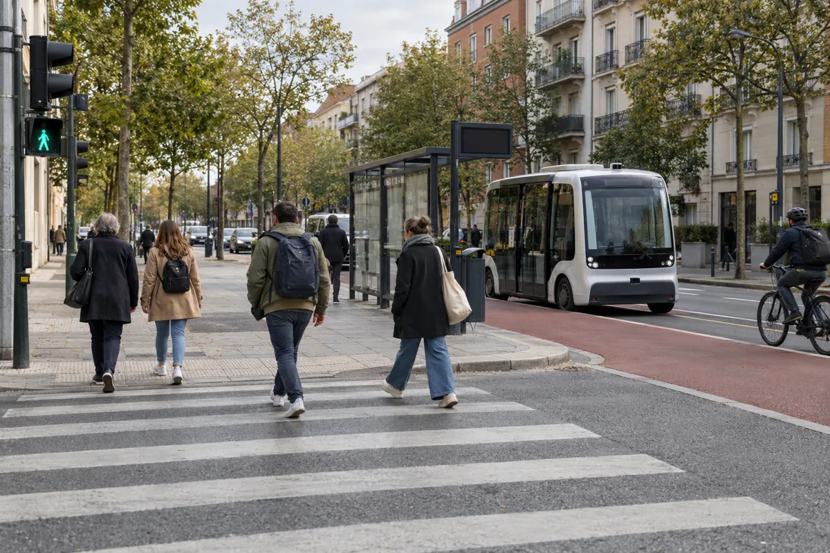 Cruce de calle europea con semáforo, paso de peatones y parada con pantalla