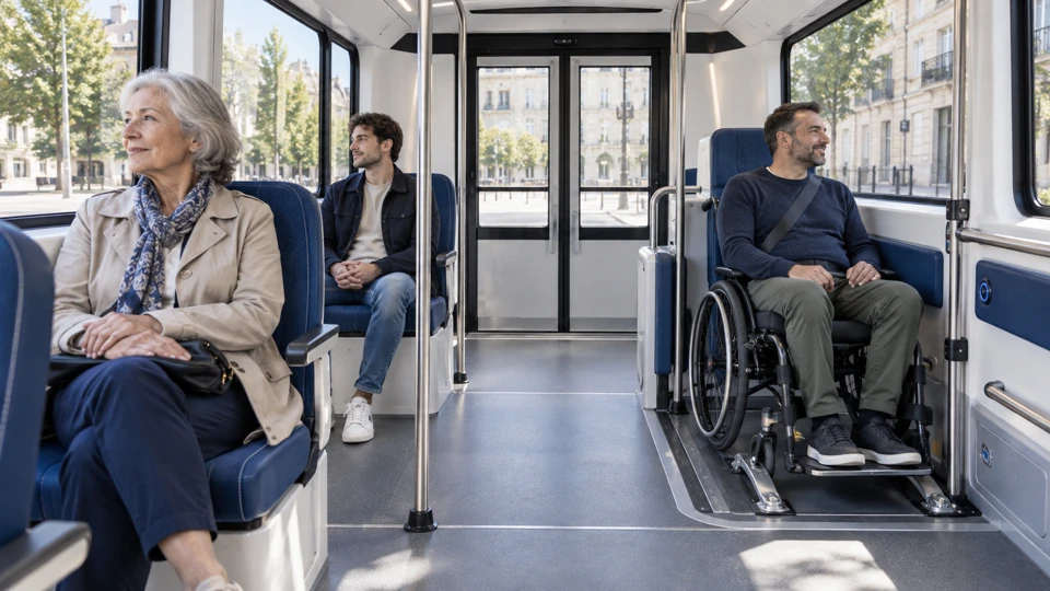 Ilustración generada por IA: interior conceptual de una lanzadera con tres personas sentadas, entre ellas una mujer mayor y una persona en silla de ruedas en su espacio, con el pasillo despejado.