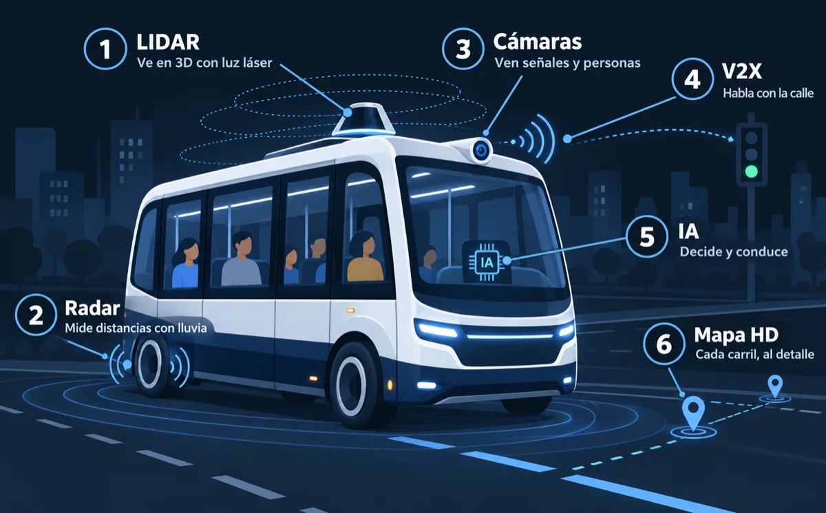 Esquema de un vehículo autónomo con seis componentes numerados: 1 LIDAR, ve en 3D con luz láser; 2 radar, mide distancias con lluvia; 3 cámaras, ven señales y personas; 4 V2X, habla con la calle; 5 IA, decide y conduce; 6 mapa HD, cada carril al detalle.